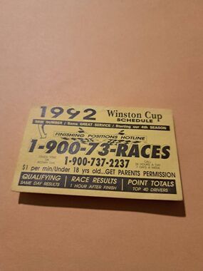 Vintage 1992 Winston Cup Pocket Schedule Finishing Position Hotline NASCAR Promo